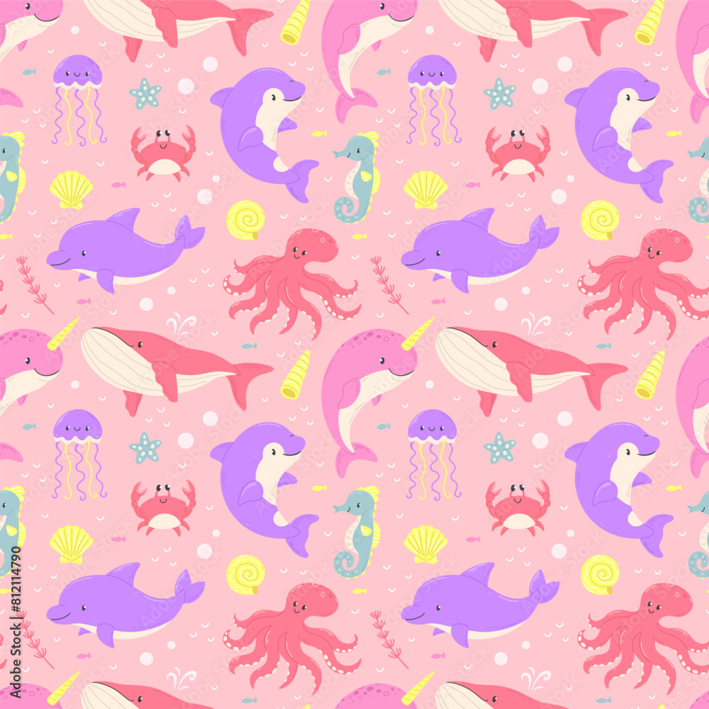 Ocean animals seamless cartoon pink pattern. Background pattern with dolphin, crab, jellyfish, seahorse, killer whale, narwhal. Ocean animals seamless cartoon pink pattern. Background pattern with dolphin, crab, jellyfish, seahorse, killer whale, narwhal.