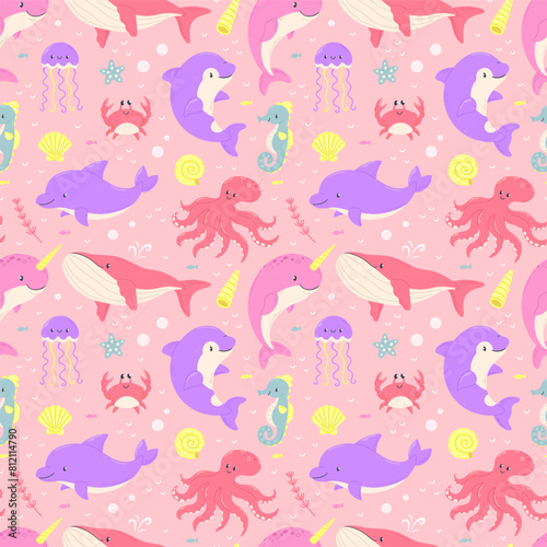 Ocean animals seamless cartoon pink pattern. Background pattern with dolphin  crab  jellyfish  seahorse  killer whale  narwhal.