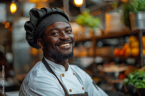 A portrait of a cheerful male chef wearing a black toque blanche in a professional kitchen setting photo