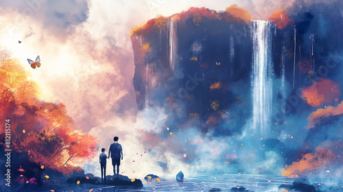 Surreal landscape with waterfall and observing figures. Colorful and dreamy scene with vibrant reflections in the water