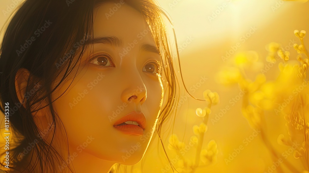Fototapeta premium A Korean woman's eyes are filled with wonder and curiosity as she daydreams, lost in her own thoughts and fantasies.