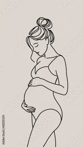 One line drawing of a young pregnant woman