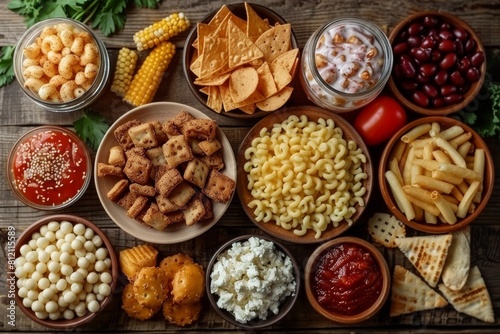 An attractive display of various snacks and dips in bowls, ideal for parties or casual dining © Larisa AI