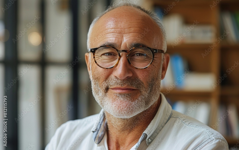A man wearing glasses and sporting a beard is striking a pose for a photograph A man wearing glasses and sporting a beard is striking a pose for a photograph