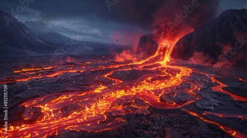 Volcanic Eruption Under Stormy Sky In A Rugged Landscape