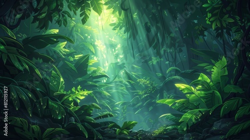 Mystical Jungle Scene With Sunlight Filtering Through