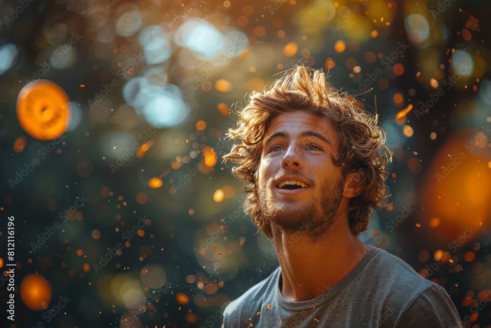 A dreamy young man with uplifted face surrounded by glowing bokeh lights in a natural setting A dreamy young man with uplifted face surrounded by glowing bokeh lights in a natural setting