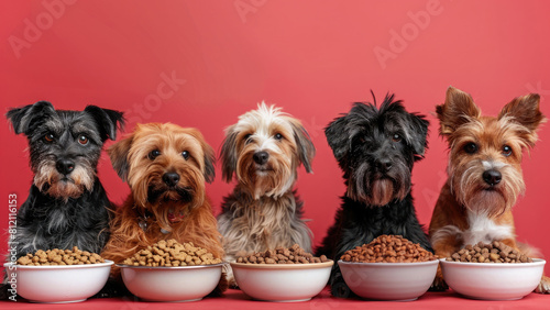 A lineup of dogs small breeds, each with a bowl of food, showcasing suitable meal sizes and ingredients for each breed photo