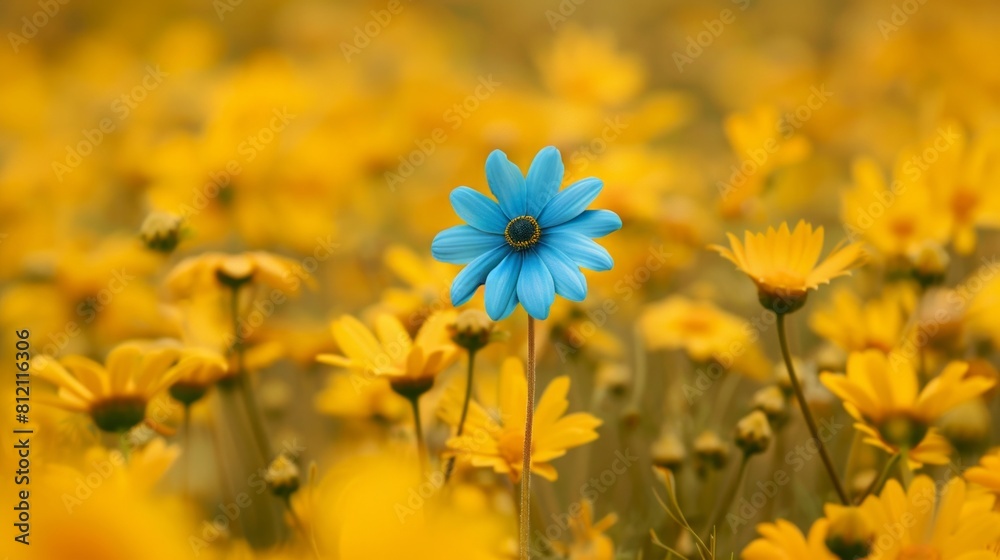 A blue flower in a field of yellow flowers. A blue flower in a field of yellow flowers.