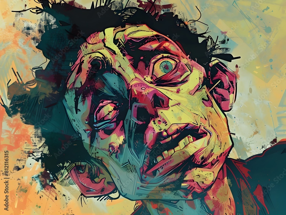 Distressed and Distorted Cartoon Persona with Agonized Countenance Heightening Emotional Impact through Vivid Color Palette and Gritty Digital Distressed and Distorted Cartoon Persona with Agonized Countenance Heightening Emotional Impact through Vivid Color Palette and Gritty Digital