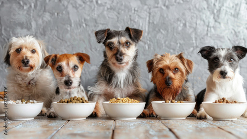 A lineup of dogs small breeds, each with a bowl of food, showcasing suitable meal sizes and ingredients for each breed photo