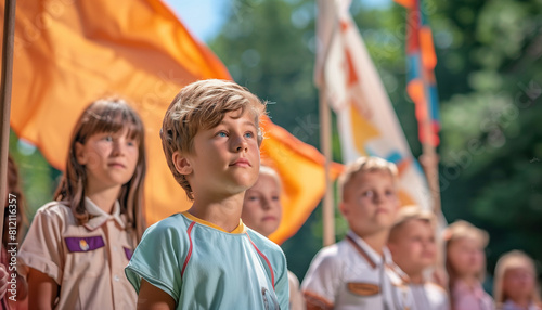 of children participating in a flag-raising ceremony at camp, symbolizing the start of their summer experience, dressed in camp uniforms, school, summer camp, kids, Fun, with copy