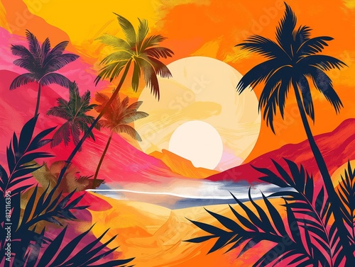 A painting of a tropical beach with palm trees and a sun in the background. The mood of the painting is relaxed and peaceful