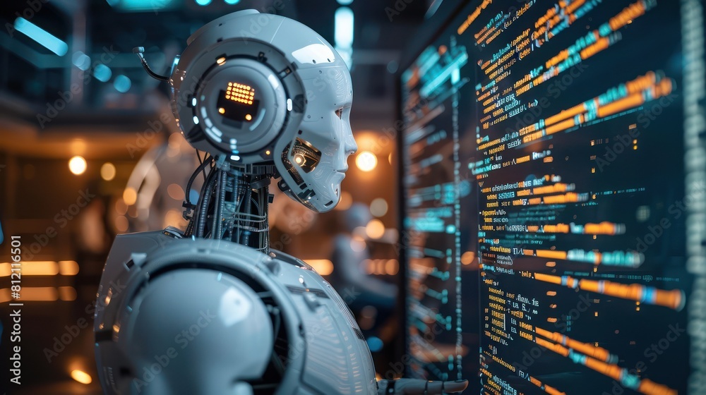 A robot is looking at a screen full of data. The robot is wearing a white and gray suit. The background is dark. A robot is looking at a screen full of data. The robot is wearing a white and gray suit. The background is dark.