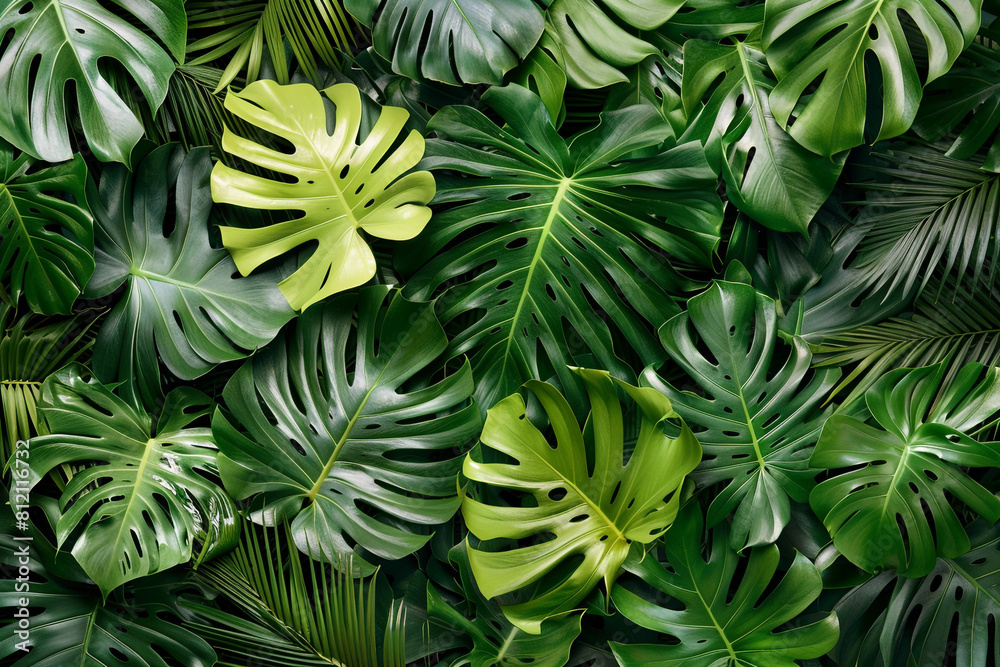 background leaves of tropical plants top view 