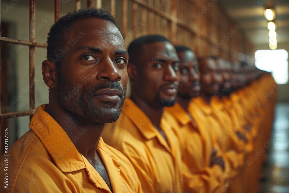 Solemn prisoners in orange jumpsuits stand in line against a prison backdrop, gazing with contemplative expressions