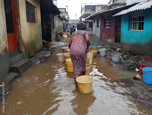A woman is walking through a flooded street with buckets on her head. The scene is chaotic and disorganized, with water everywhere and people trying to navigate through it photo