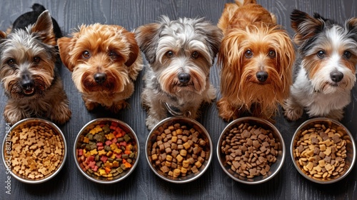 A lineup of dogs small breeds, each with a bowl of food, showcasing suitable meal sizes and ingredients for each breed