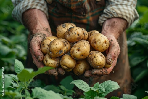 Amid the potato plants, a farmer's dirty hands are filled with just-harvested, soil-covered potatoes, still fresh from the earth