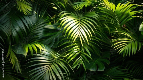 Green leaves of palm trees in the jungle.