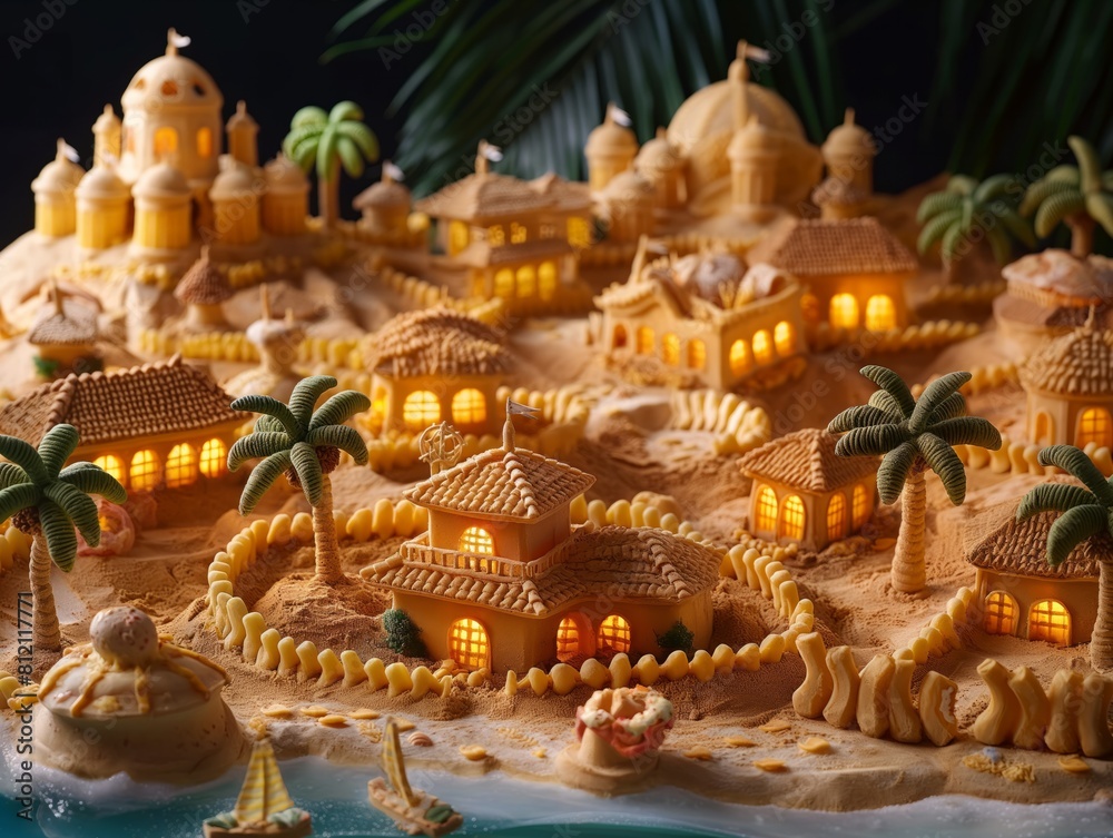 A sand castle made out of pasta with a beach scene in the background