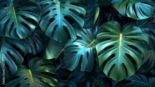 The dark green leaves of a tropical plant with holes in them.