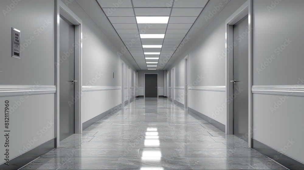 The image shows a long, empty hospital corridor with doors on both sides. The image shows a long, empty hospital corridor with doors on both sides.