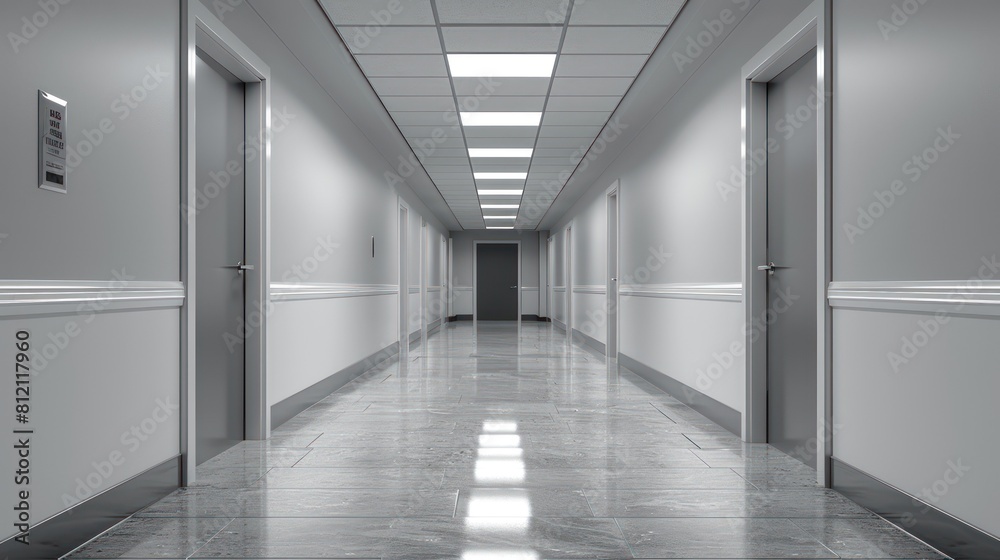 The image shows a long, empty hospital corridor with doors on both sides.