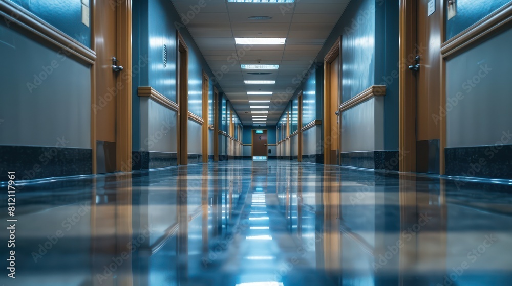 The image shows an empty hospital corridor with blue walls and shiny floor.