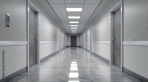 The image shows a long, empty hospital corridor with doors on both sides.
