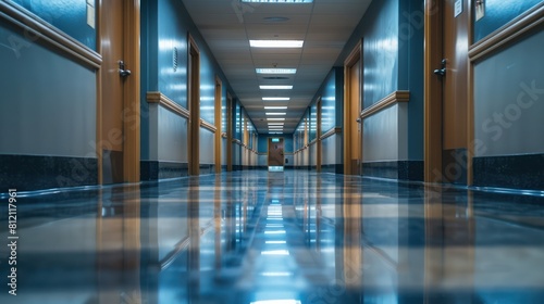 Wallpaper Mural The image shows an empty hospital corridor with blue walls and shiny floor. Torontodigital.ca