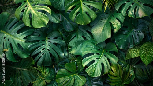 The image shows dark green leaves of a tropical plant. The leaves have a glossy surface and are heart-shaped with holes. The background is blurred and is also dark green.
