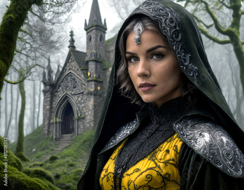 hermosa mujer de época medieval de cuentos de fantasía junto a una abadía