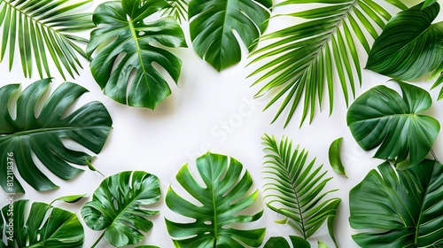 The image shows lush green tropical leaves on white background. photo