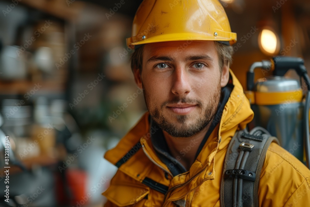A good-natured construction worker in yellow safety gear and helmet at a job site A good-natured construction worker in yellow safety gear and helmet at a job site
