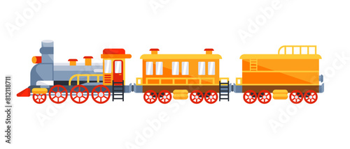 Vintage train on railroad. Wild West steam locomotive. Passenger steam train