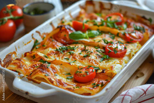 Baked crepes with turkey and tomatoes 
