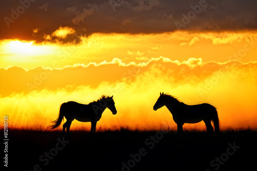 Majestic horses silhouette against a fiery sky   ideal for wall art  book covers  and inspirational content