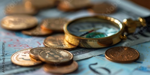 A close up image of a compass on top of a pile of coins.