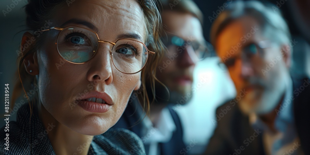 A woman wearing glasses is looking at something or someone with a surprised expression, while two other people are blurred in the background. A woman wearing glasses is looking at something or someone with a surprised expression, while two other people are blurred in the background.