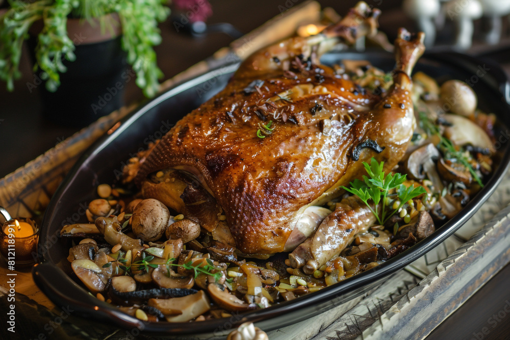 Baked duck with mushrooms on a long plate Baked duck with mushrooms on a long plate