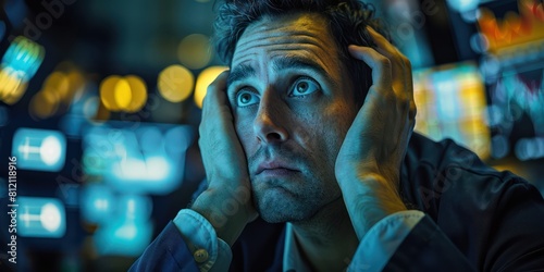 A stressed man holds his head in his hands while looking at computer screens.