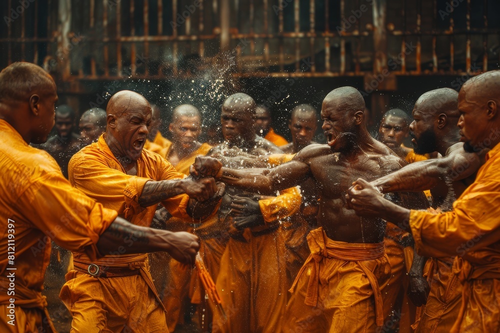Intense combat training scene with men in orange, splashing water, and raw emotion Intense combat training scene with men in orange, splashing water, and raw emotion
