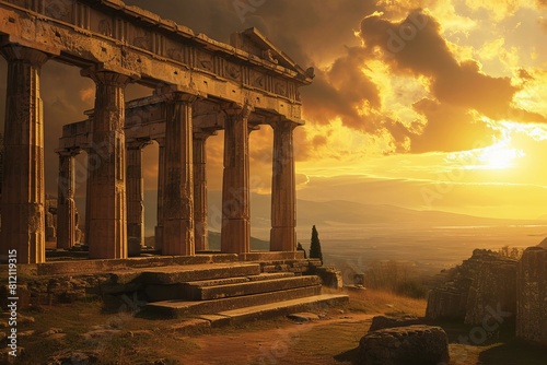 Grandiose Greece temple ancient. Tourist sky. Generate Ai photo