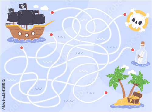 Pirate maze game for kids. A maze with a pirate ship and a treasure island. Help the pirate ship to find to the treasure island. © Ekaterina Chemakina