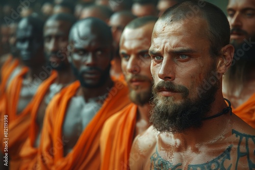 Men with beards appearing contemplative and intense in orange attire
