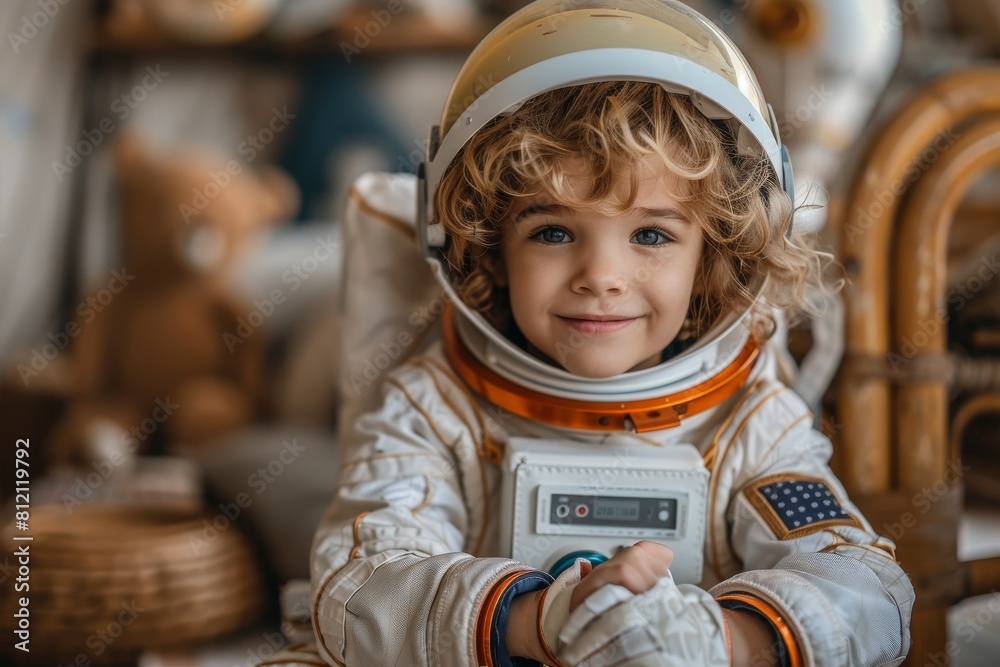 Happy young astronaut-in-training with curly hair smiling amidst model spaceships and a vintage backdrop Happy young astronaut-in-training with curly hair smiling amidst model spaceships and a vintage backdrop