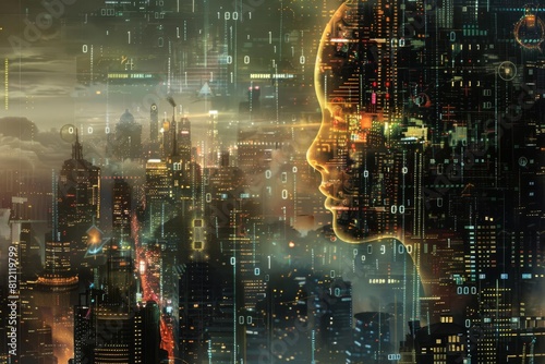 Artistic rendering of a digital human profile, composed of binary code and electronic components, floating above a futuristic cityscape, highlighting themes of innovation and the d © INART