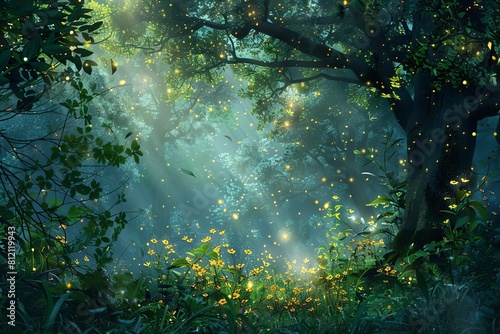 Illustration of an enchanted forest in spring  lush greenery  twinkling fairylights  mystical creatures peeking  foggy atmosphere  in a fantasy novel style  High resolution.