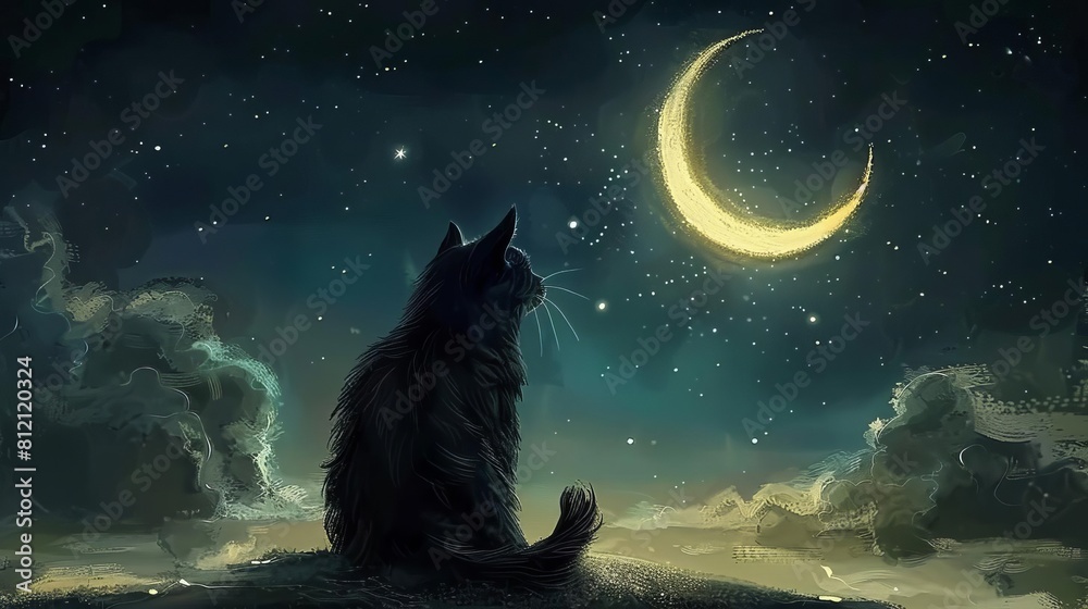 ภาพประกอบสต็อก mysterious black cat gazing at enchanting crescent moon ...